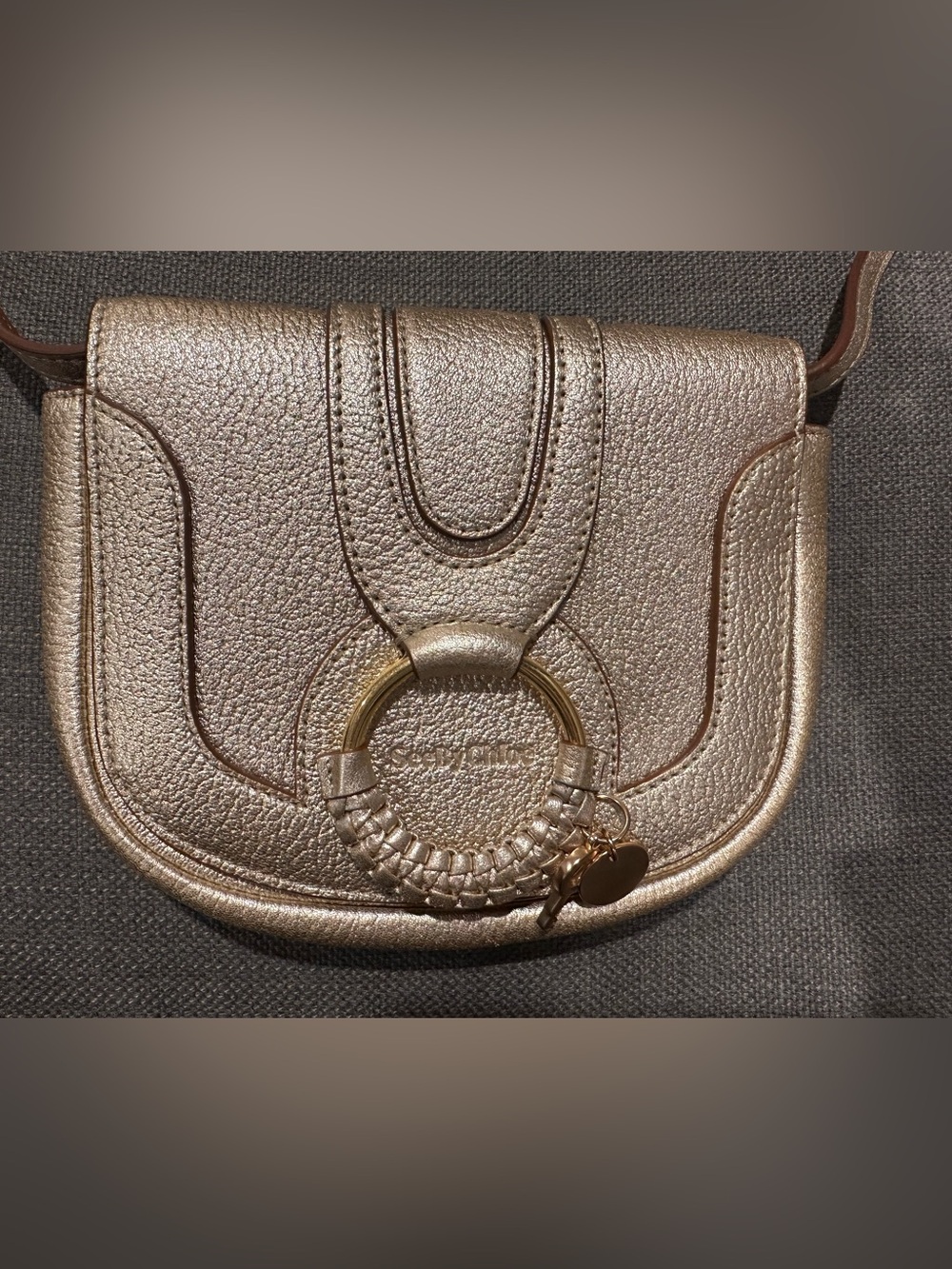 Metallic Rose Gold Crossbody Bag with Decorative Ring